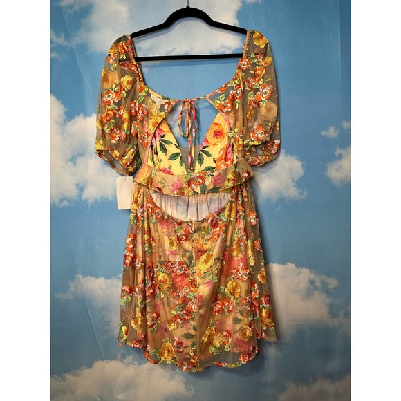 For Love & Lemons Floral Mini Dress Large Golden Yellow Plunge Short Sleeve Nwt - Picture 12 of 15